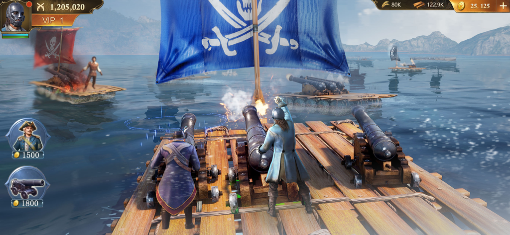 Jugabilidad de batalla naval en Guns of Glory mostrando personajes disparando cañones desde una balsa pirata en el mar.