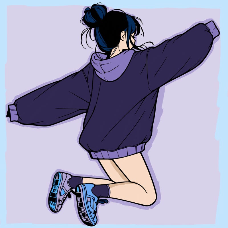 realistic girl jumping with a bun and oversized sweatshirt