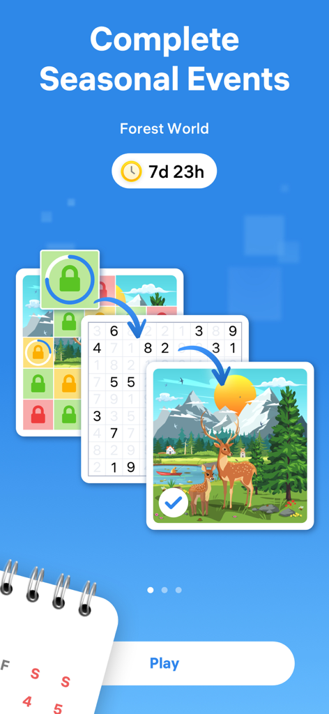 Number Match - Numbers Game - Schermata di gioco Number Match che mostra il progresso di un evento stagionale da un puzzle numerico a un'illustrazione completa di un paesaggio forestale