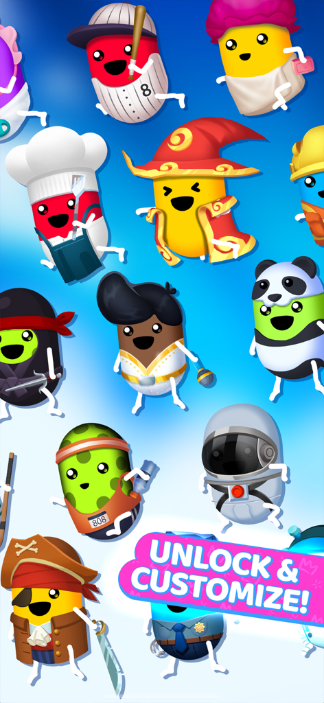 Goober Dash - A variety of colorful Goober characters in different costumes like a pirate, chef, and astronaut with text that says Unlock and Customize
