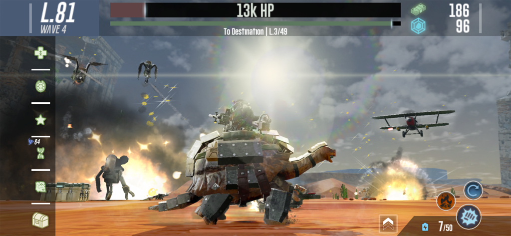 Capture d'écran du gameplay de War Tortoise 2 montrant une tortue blindée combattant dans un champ de bataille désertique