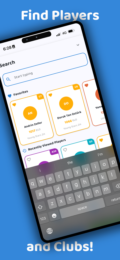 Search screen for table tennis players and clubs showing favorite profiles and ELO rankings.