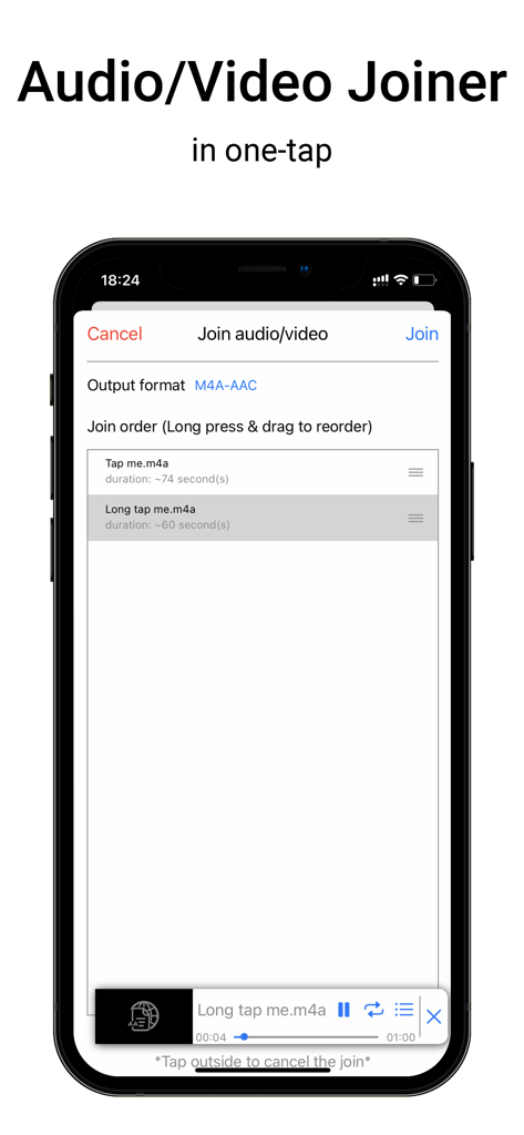 Media Assistant - Interface do aplicativo Media Assistant mostrando o recurso de Junção de Áudio e Vídeo com reordenação de arquivos e opções de formato de saída