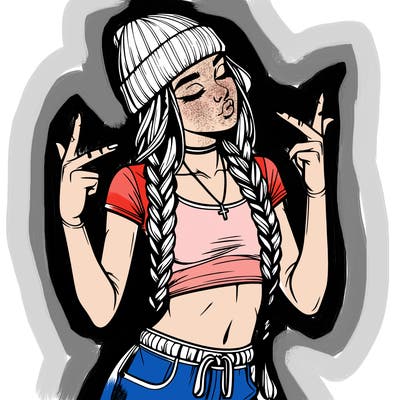 realistic teenage girl with braids and a beanie and crop top doing 🫶🏼