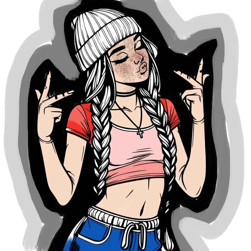 realistic teenage girl with braids and a beanie and crop top doing 🫶🏼