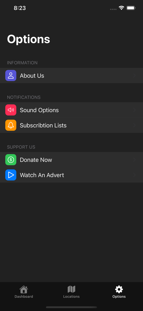 When's Eid? - Einstellungsseite der Whens Eid App mit Optionen für Benachrichtigungen und Spenden.