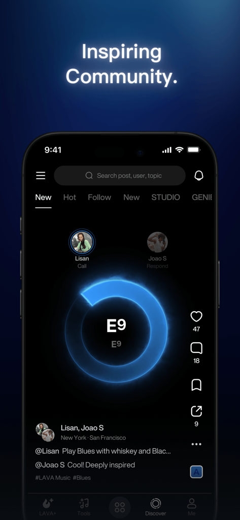 LAVA plus app interface showing the inspiring community social music feed