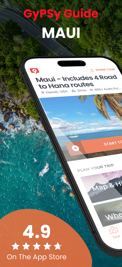 Maui GyPSy Guide Driving Tour - Maui GyPSy Guide app interface showing Road to Hana routes and a four point nine star rating