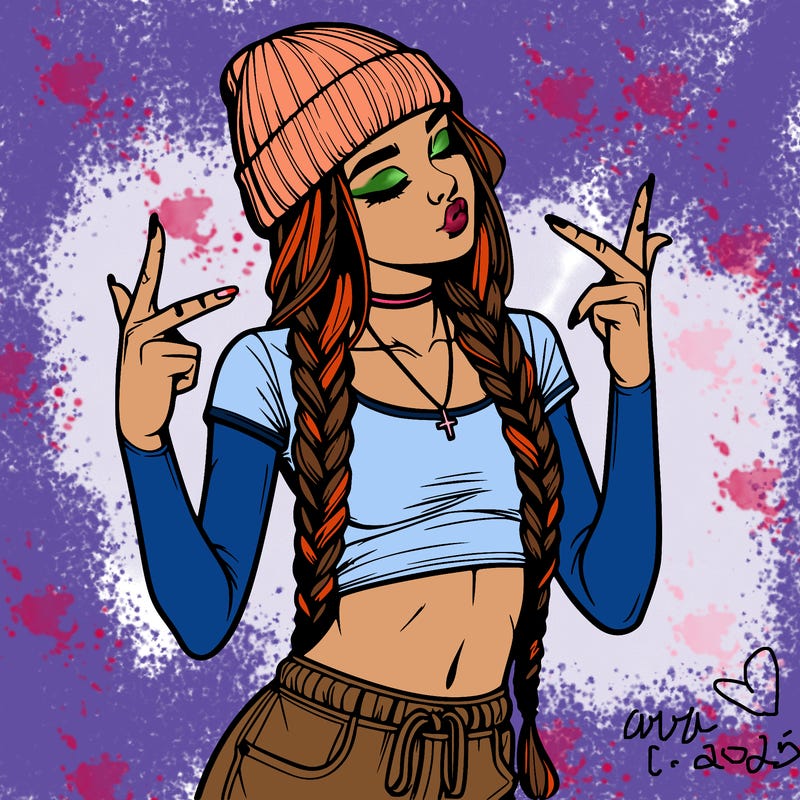 realistic teenage girl with braids and a beanie and crop top doing 🫶🏼