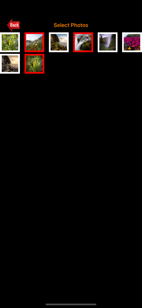 My-Photos - Screenshot of the My-Photos app showing a grid of nature photos with several images selected.