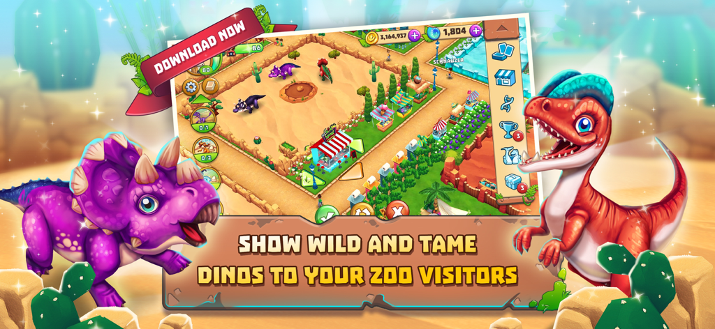 Dinosaur Park: Primeval Zoo - Gameplay screenshot of Dinosaur Park Primeval Zoo showing colorful dinosaur enclosures and park management features