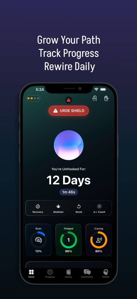 Unhook: Quit Porn & Reboot - Unhook app dashboard showing a 12 day recovery streak and urge shield feature