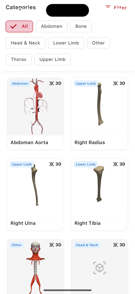 Screenshot della schermata delle categorie dell'app Anatomia 3D che mostra modelli 3D dell'aorta addominale e varie ossa degli arti come il radio e la tibia