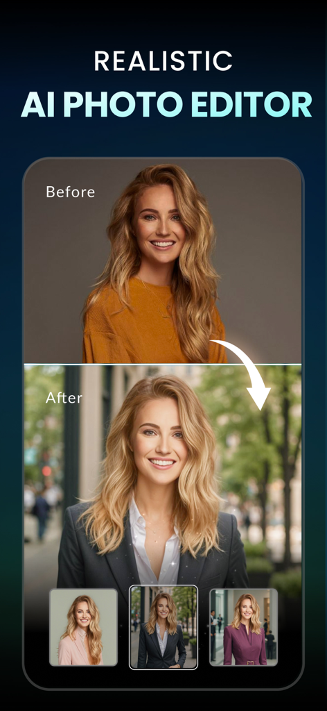 AI Photo Editor: ShotX Creator - Vorher-Nachher-Vergleich eines lockeren Selfies, das mit KI in ein professionelles Business-Porträt verwandelt wurde