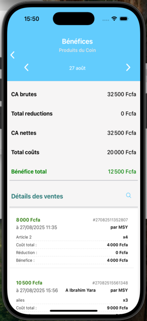 Gesta+ Tableau de bord - Aplicación móvil Gesta Plus que muestra un panel de beneficios con ingresos brutos, ingresos netos, costos totales y cifras de beneficios totales junto con registros de ventas detallados.