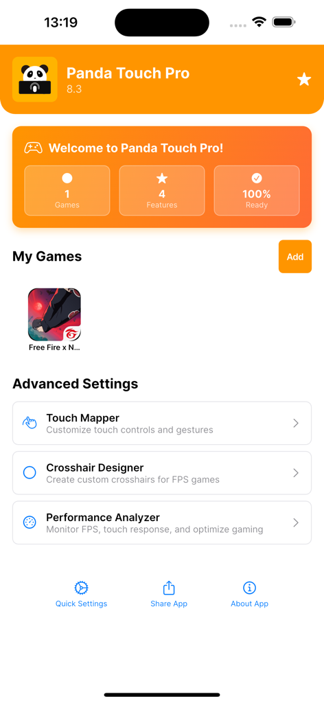Panda Touch Pro dashboard showing advanced settings including Touch Mapper, Crosshair Designer, and Performance Analyzer