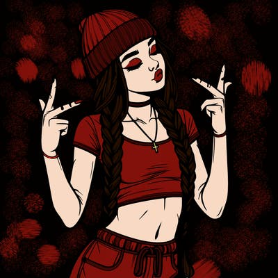 realistic teenage girl with braids and a beanie and crop top doing 🫶🏼