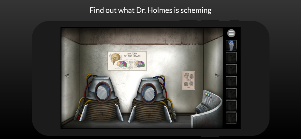 Escape Lab - Episode 2 - A dark laboratory scene in Escape Lab Episode 2 featuring brain anatomy charts and scientific machines