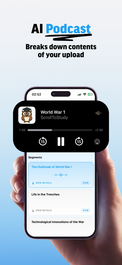 ScrollToStudy app interface showing the AI Podcast feature breaking down educational content into audio segments for studying