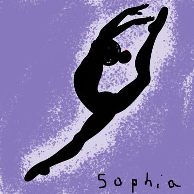 gymnast doing a leap in a leotard with a bent back leg