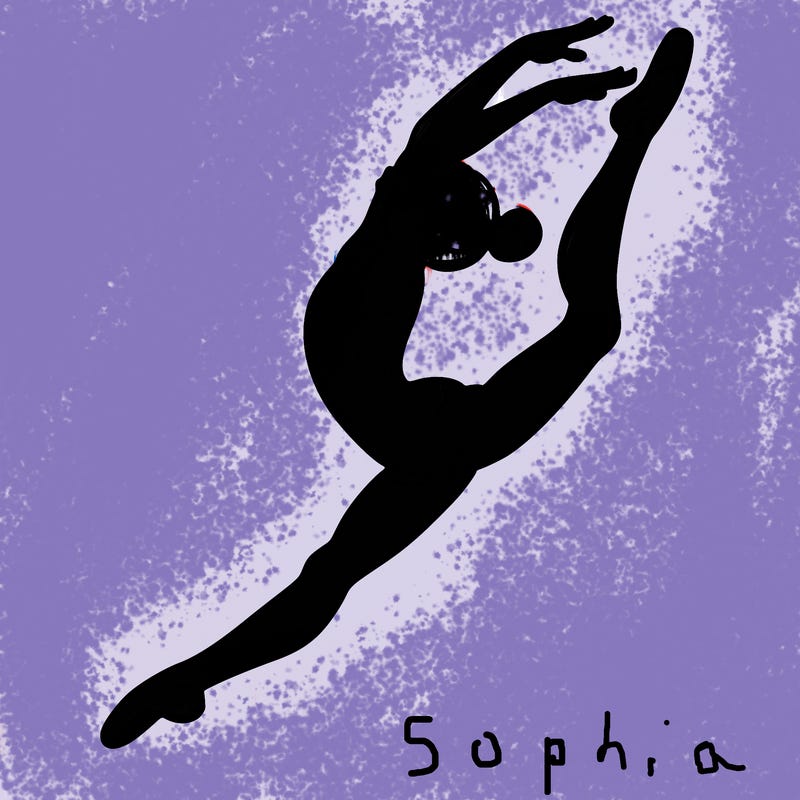 gymnast doing a leap in a leotard with a bent back leg