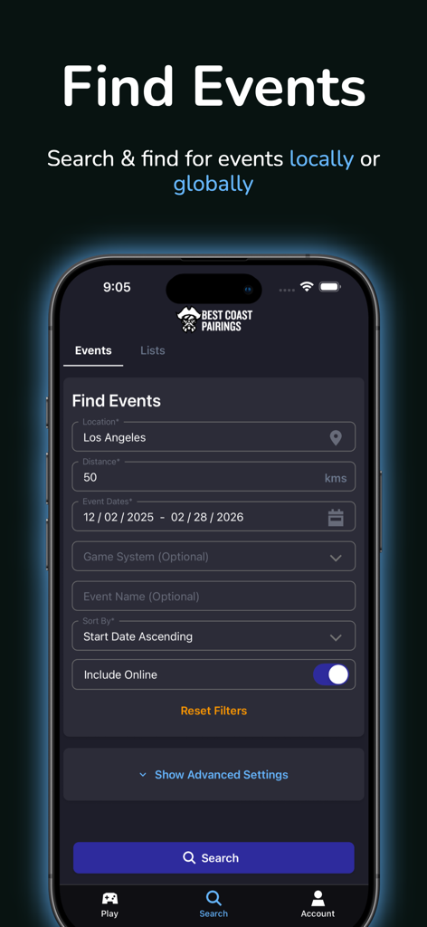Best Coast Pairings - Best Coast Pairings mobile app showing the Find Events search interface for tabletop gaming tournaments.