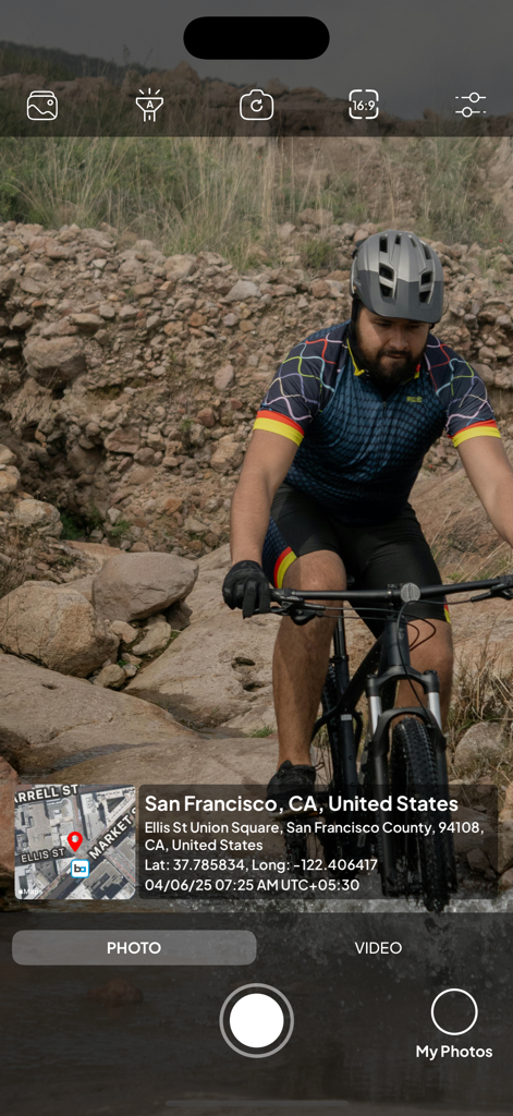 GPS Map Camera, Timestamp - Smartphone screen showing a mountain biker with a GPS map and timestamp overlay