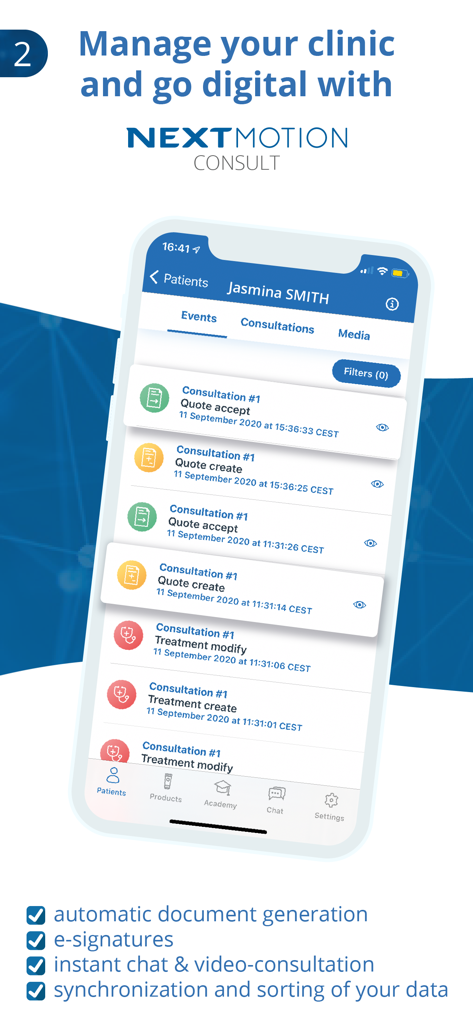 Mobile app interface displaying patient event history including treatment quotes and electronic signatures for an aesthetic clinic
