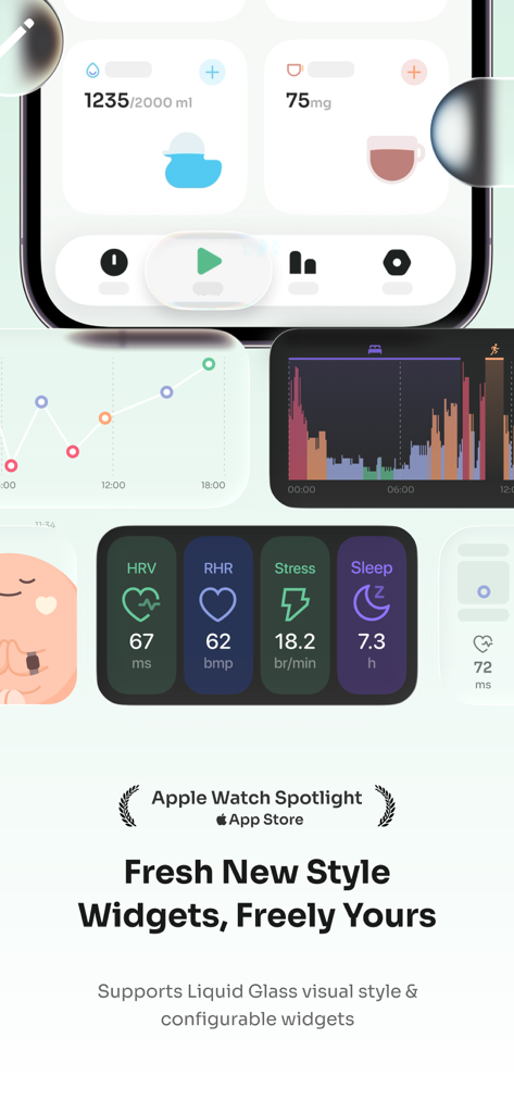 StressWatch: AI Stress Monitor - StressWatch-App-Oberfläche, die Widgets für Gesundheitsmetriken für HRV, RHR, Stresslevel und Schlaf anzeigt.