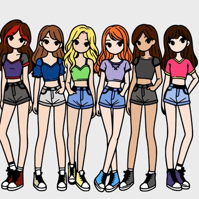 a group of girls wearing crop tops and shorts
