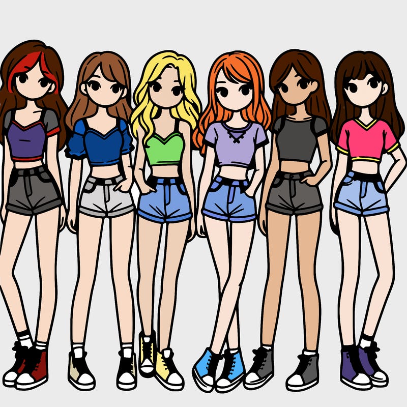 a group of girls wearing crop tops and shorts
