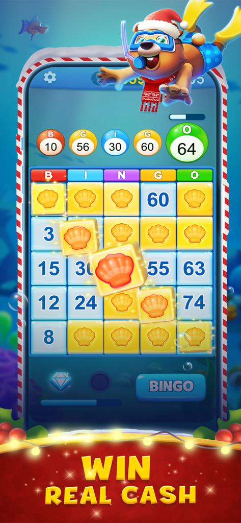 Interfaz de la aplicación móvil Bingo Clash que muestra una partida de bingo con elementos festivos navideños y un banner de "gana dinero real"