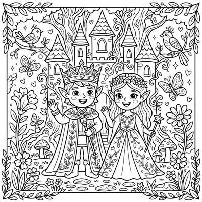 Step into a whimsical world with our Elven Royalty coloring page, perfect for young artists. Let your creativity shine as you bring this enchanting prince and princess scene to life with vibrant colors.
