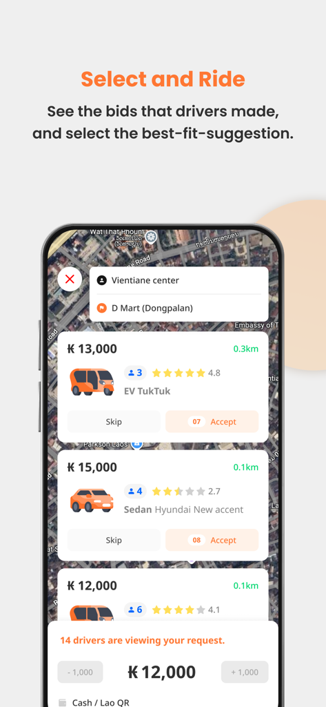 Mobile screen showing driver price bids and vehicle options like EV TukTuks on the KOKKOK Move app.