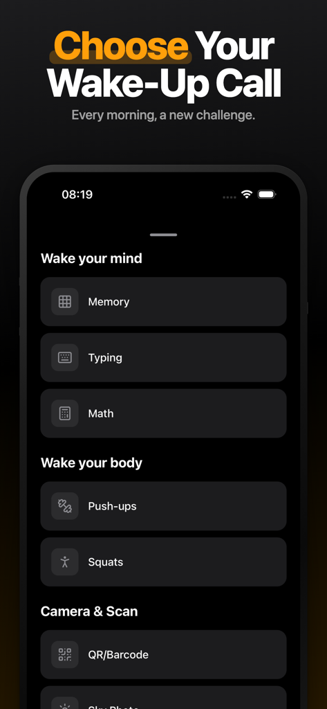 WakeNow: Loud Alarm Clock - WakeNow app screen showing a menu of wake-up challenges including mind, body, and camera missions.