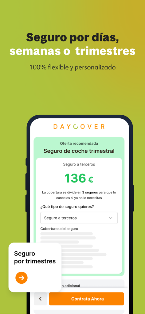 DayCover | Seguro por dias - Pantalla de smartphone mostrando la aplicación DayCover con una oferta y precio de seguro de coche trimestral