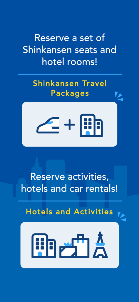 Shinkansen smartEX App - Écran de l'application Shinkansen smartEX montrant les forfaits de voyage pour les sièges de train, les hôtels et les activités