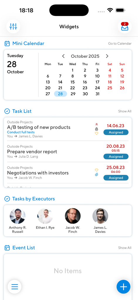 Vista dashboard di Projecto PM Tool che mostra mini calendario, lista compiti con stati assegnati e profili esecutori del team.