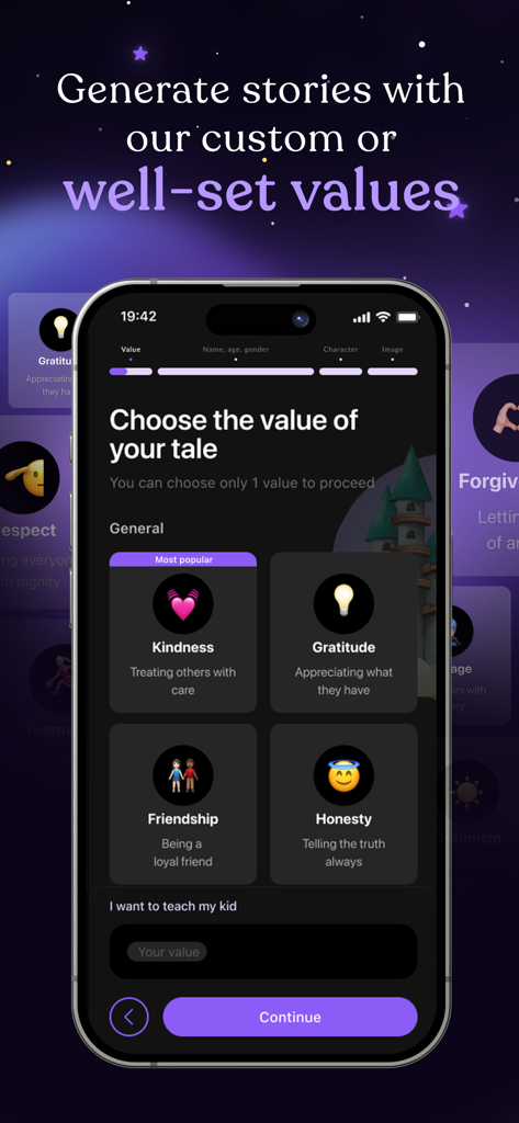 Patmi: AI Storyteller for Kids - Mobile app screen showing value selection options like Kindness and Gratitude for AI generated kids stories