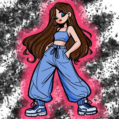 girl in baggy pants crop top and long hair