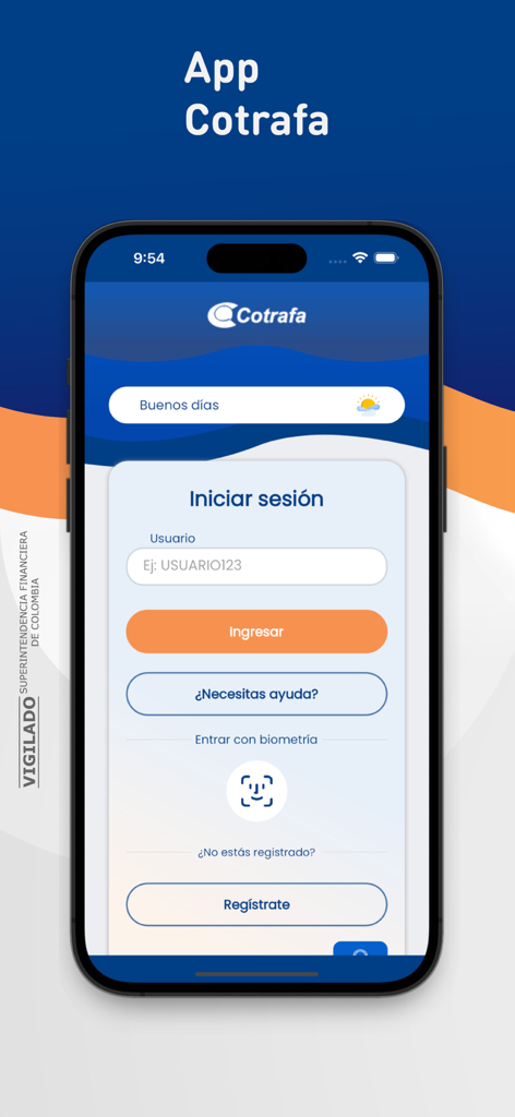 La interfaz de inicio de sesión de la aplicación de banca móvil de Cotrafa en un smartphone