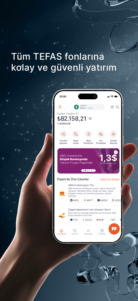 Piapiri Borsa Hisse Alım Satım - Piapiri投資アプリのダッシュボードを表示するスマートフォンを持つ手、金融資産追跡と株式市場のハイライトが表示されている