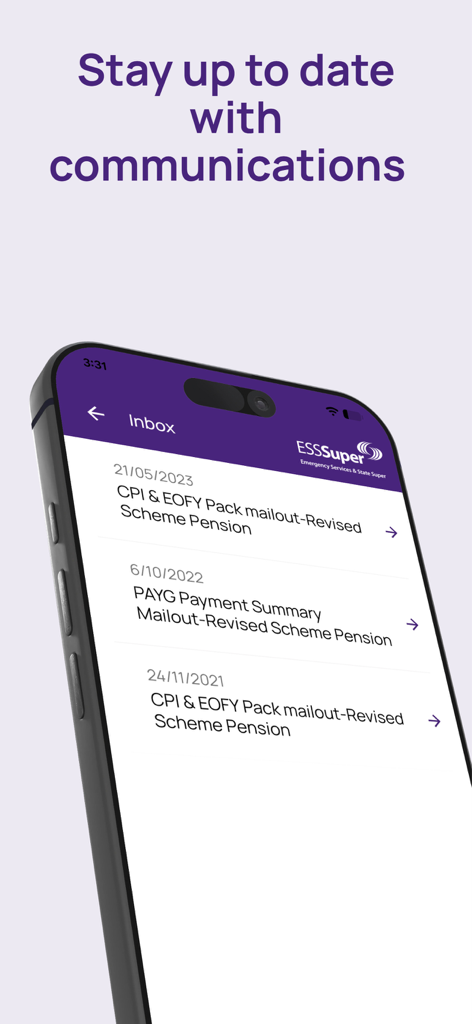 ESSSuper - ESSSuper mobile app inbox screen showing pension and tax payment communications