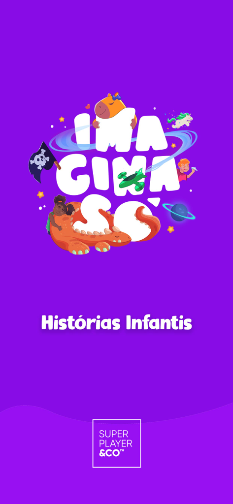 Logo der Hörgeschichten-App Imagina So für Kinder mit bunten Illustrationen eines Wasserschweins und eines Dinosauriers auf lila Hintergrund