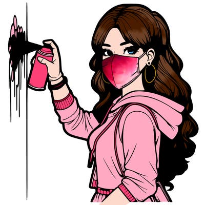 realistic girl with mask spray painting a wall