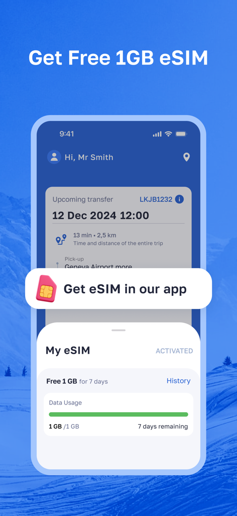 Alps2Alps App-Oberfläche mit einem kostenlosen 1-Gigabyte-eSIM-Angebot für internationale Reisende