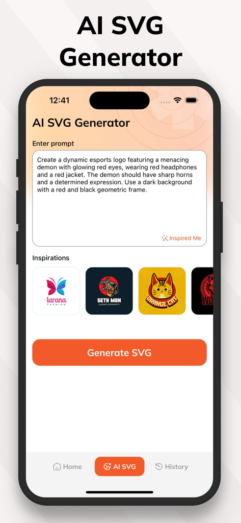 AI SVG Converter - SVG Maker - Interface of the AI SVG Generator app showing a text prompt for creating a vector logo