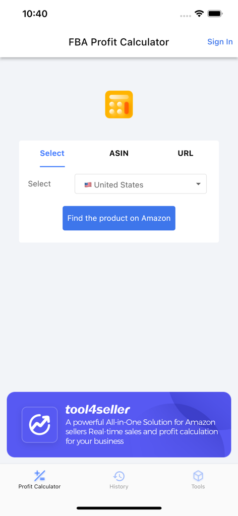 Main interface of the FBA Profit Calculator app showing marketplace selection and product search options.