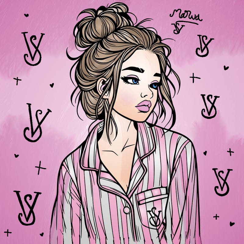 realistic woman with pajamas on and a messy bun