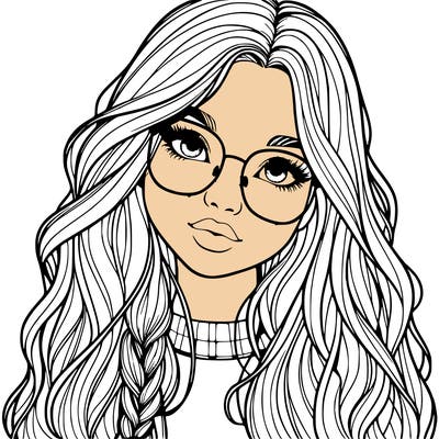 girl with long hair and freckles and glasses realistic